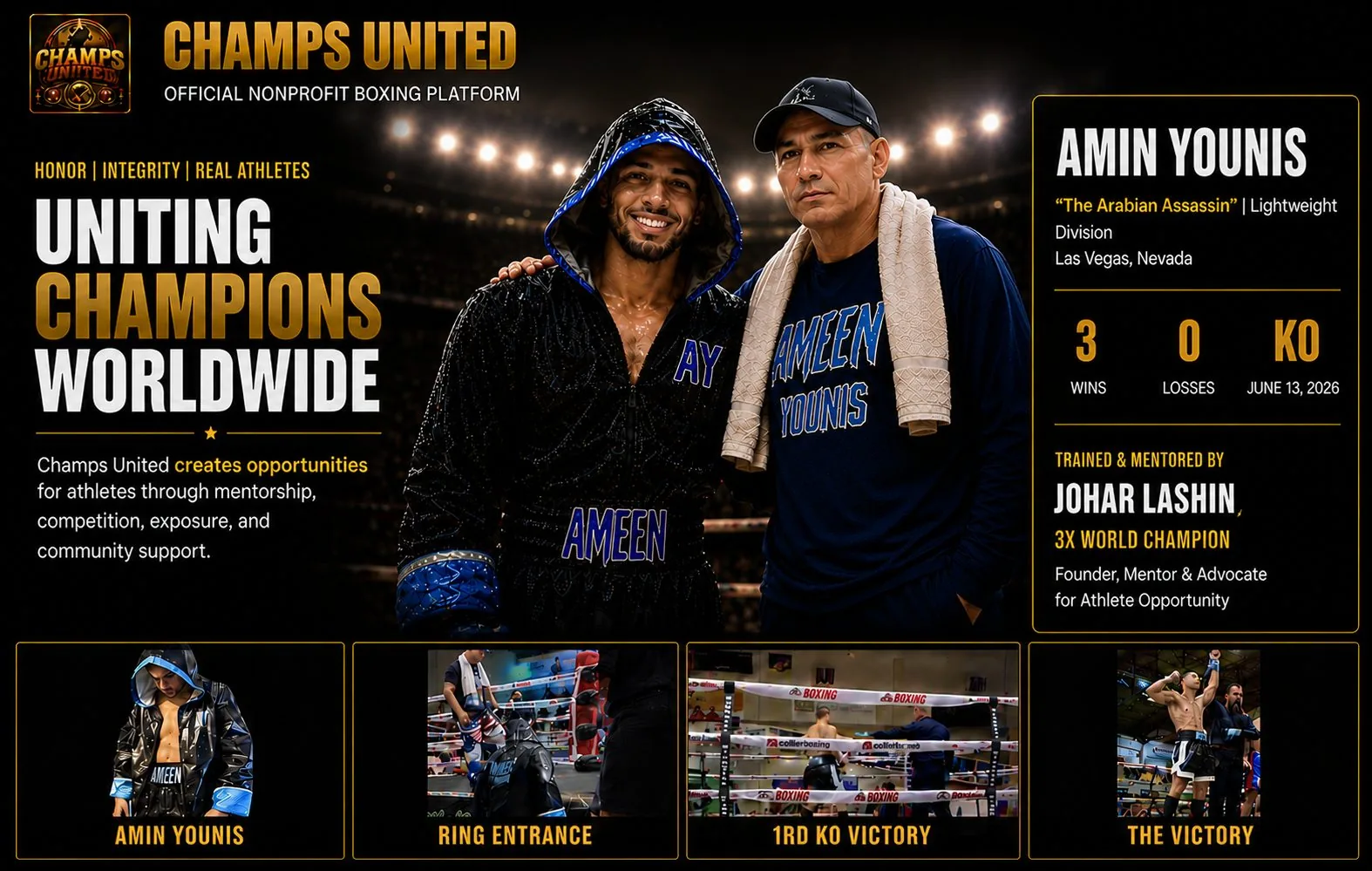 Amin Younis fighter spotlight — 3 Wins, 0 Losses, trained and mentored by Johar Lashin, 3x World Champion