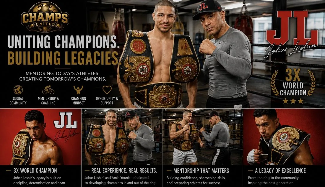 Champs United promotional graphic featuring 3x World Champion Johar Lashin and fighter Amin Younis